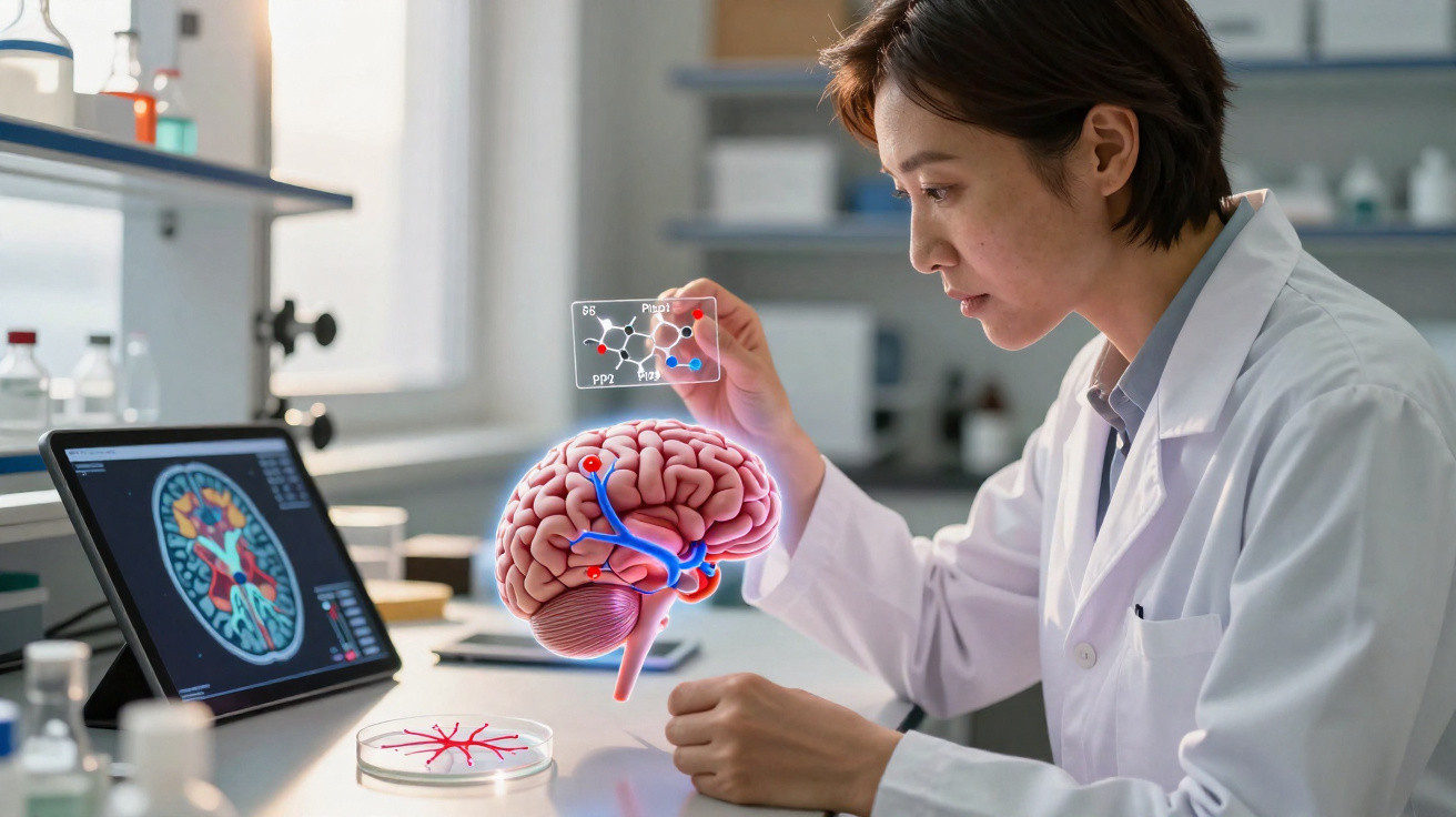 Cientista a analisar visualização digital de cérebro em laboratório com imagem cerebral num ecrã táctil.