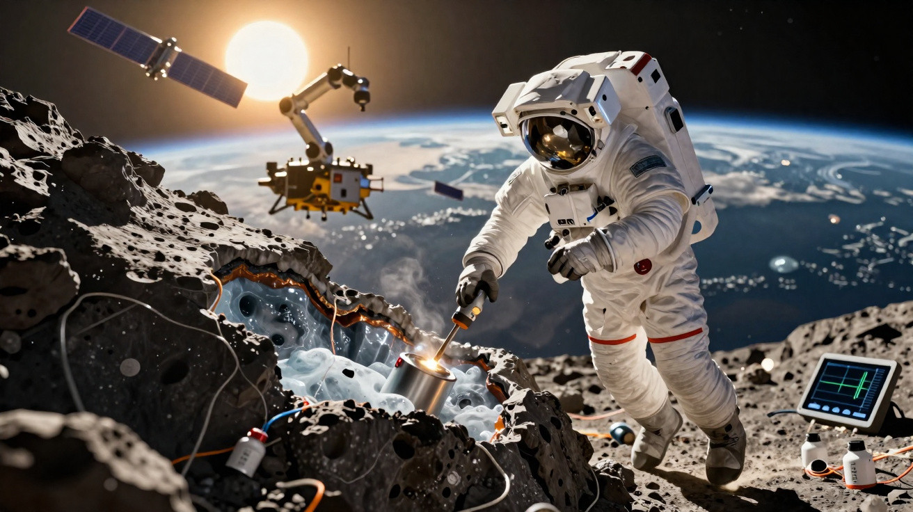 Astronauta em fato espacial a explorar fissura luminosa numa superfície rochosa da lua com Terra ao fundo.