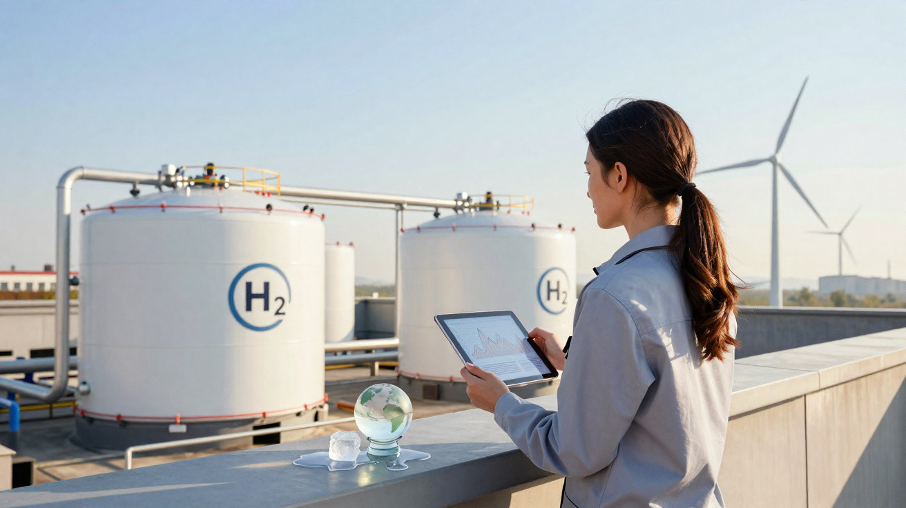 Mulher a analisar dados em tablet junto a tanques de hidrogénio e turbinas eólicas numa instalação industrial.