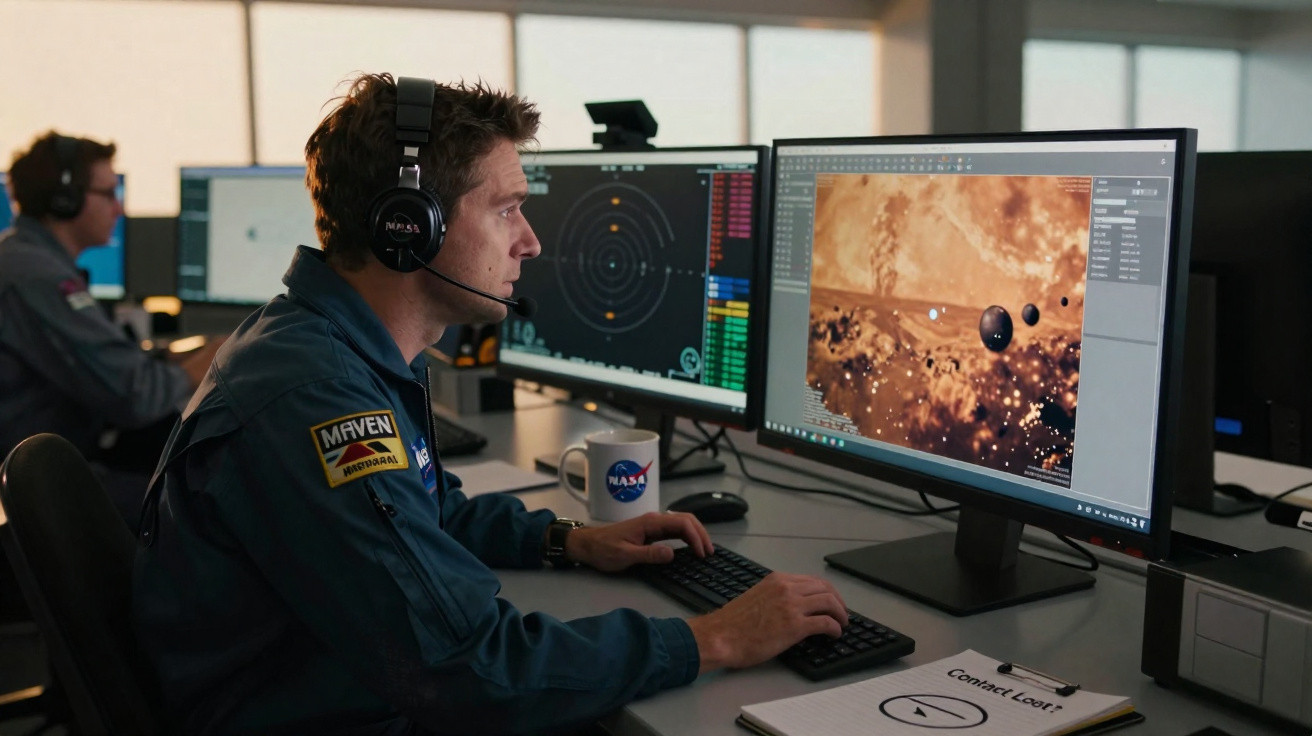 Homem com fato NASA e auscultadores a controlar missão espacial em vários ecrãs de computador.