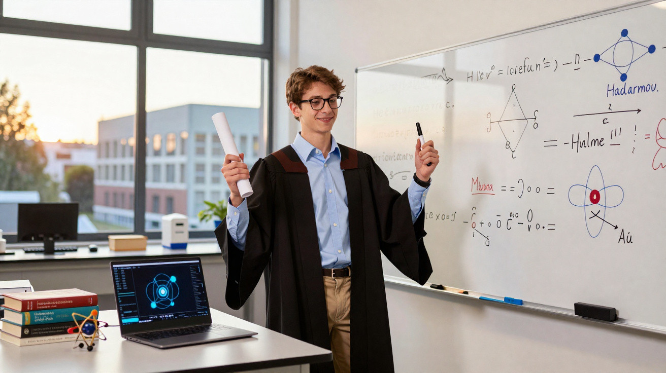 Jovem com bata de formatura segura diploma junto a quadro branco com fórmulas matemáticas numa sala de estudo.