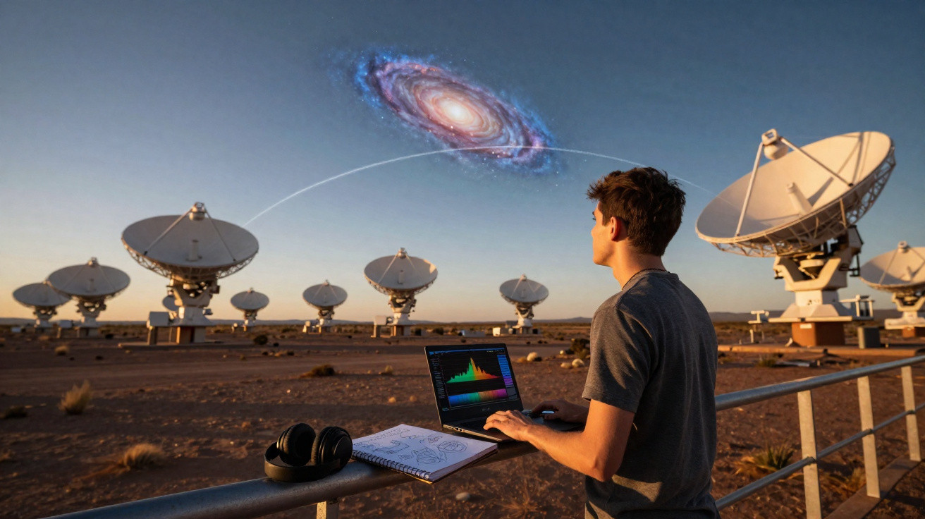 Jovem observa sinais do espaço a partir de antenas parabólicas num deserto ao entardecer.