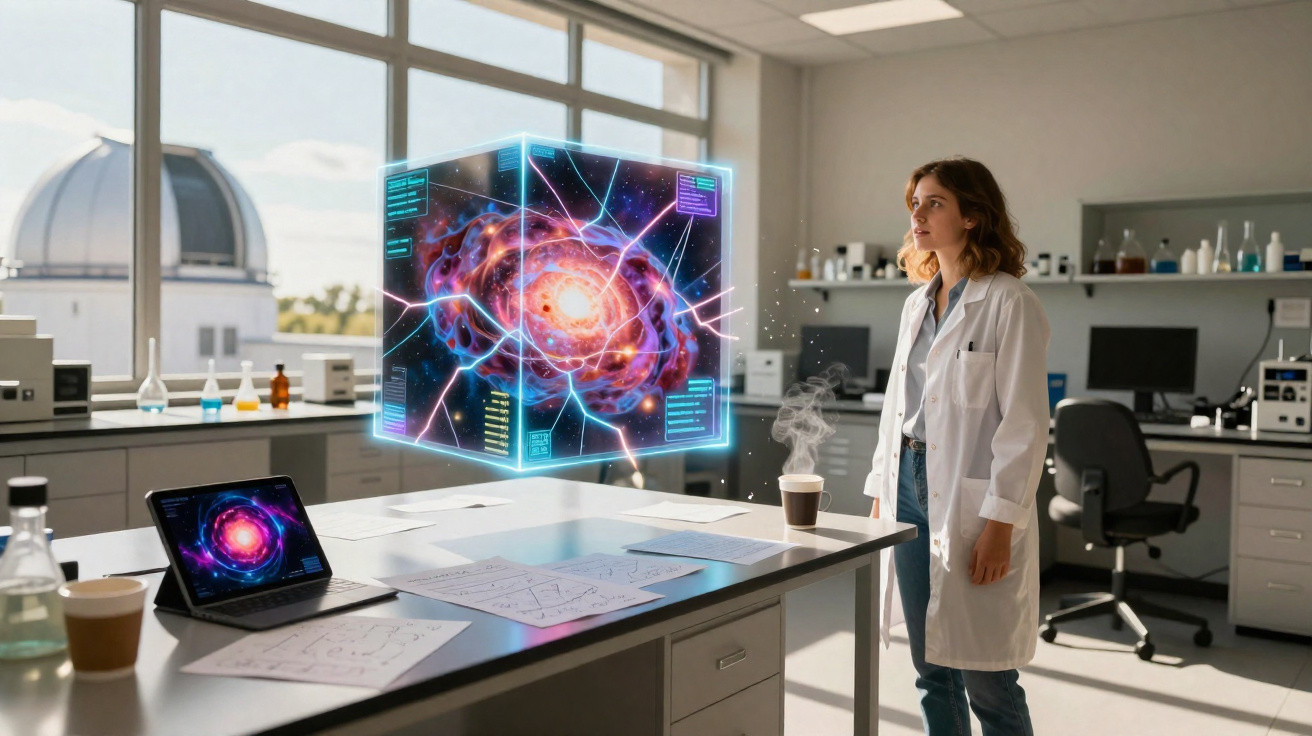 Mulher cientista em laboratório observa cubo holográfico com galáxia e equações sobre mesa.