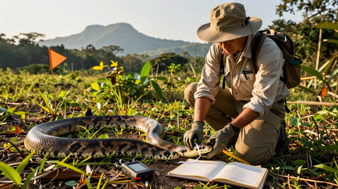 Homem com roupa de explorador mede cobra grande no meio da natureza, com caderno e equipamento no chão.