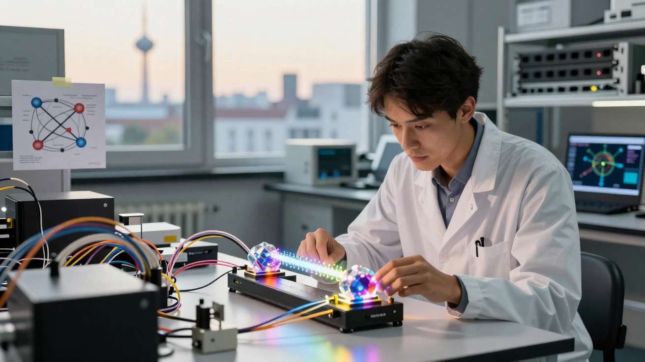 Homem com bata branca a trabalhar com equipamento eletrónico num laboratório moderno ao entardecer.