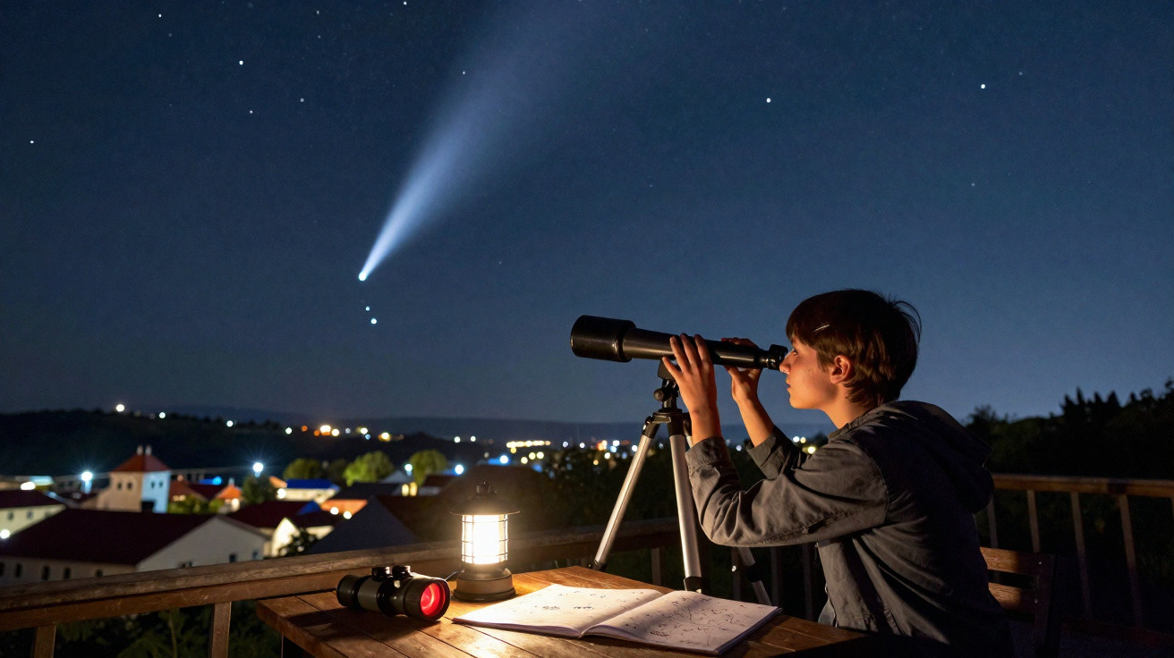Rapaz observa com telescópio a passagem de um cometa no céu noturno sobre uma aldeia iluminada.