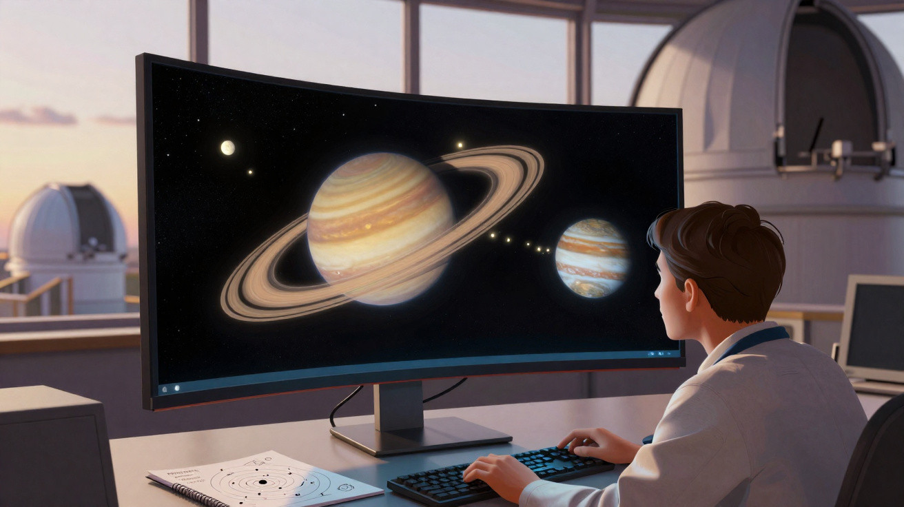 Jovem cientista observa imagem do sistema solar com planetas num ecrã num laboratório de astronomia.