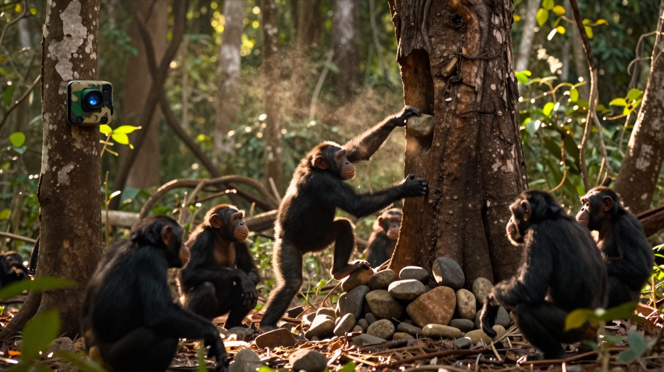 Grupo de chimpanzés na floresta observa um jovem a partir pedras junto a uma árvore.