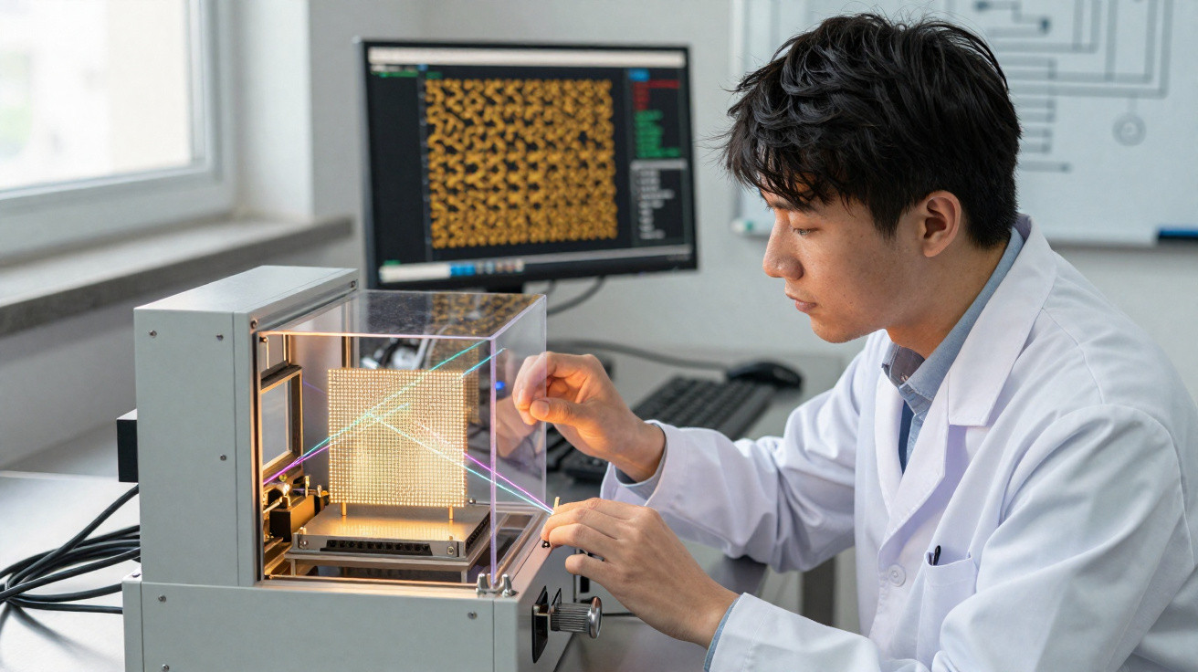 Homem de bata branca a operar máquina com lasers coloridos num laboratório tecnológico.