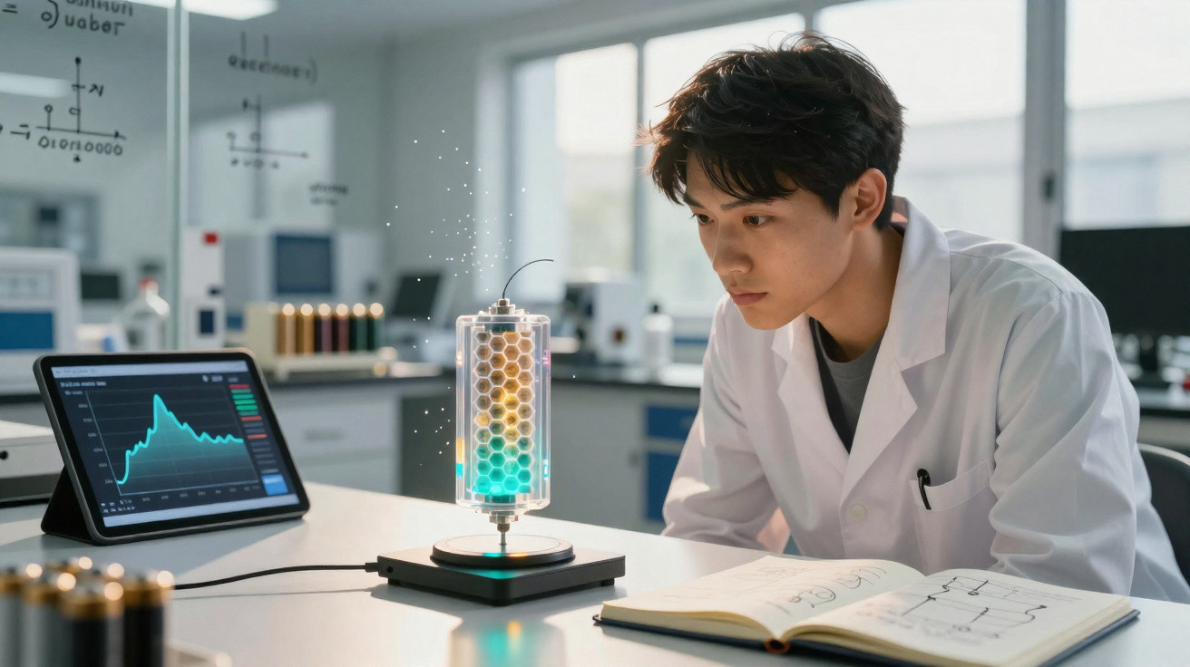 Cientista em bata branca observa dispositivo tecnológico iluminado na bancada de laboratório com gráfico em tablet.