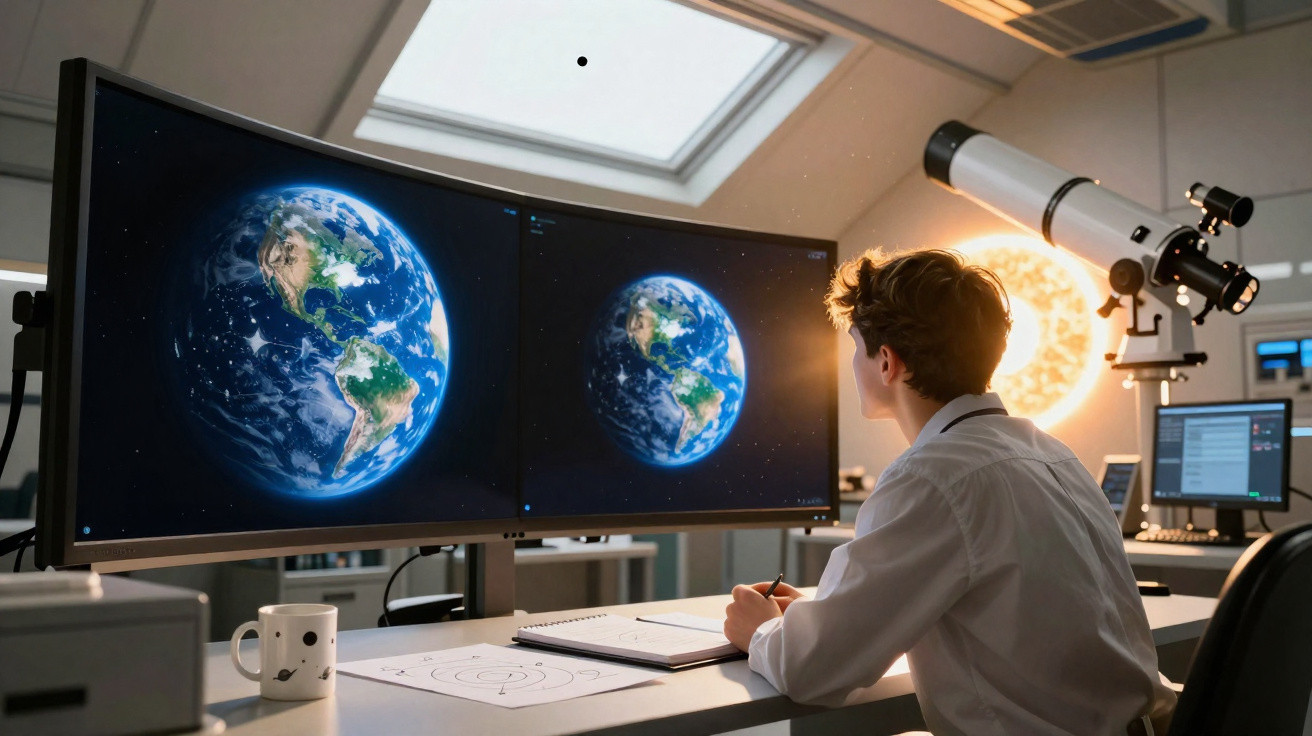 Jovem observa imagens do planeta Terra e do Sol em grandes ecrãs enquanto usa telescópio num laboratório.