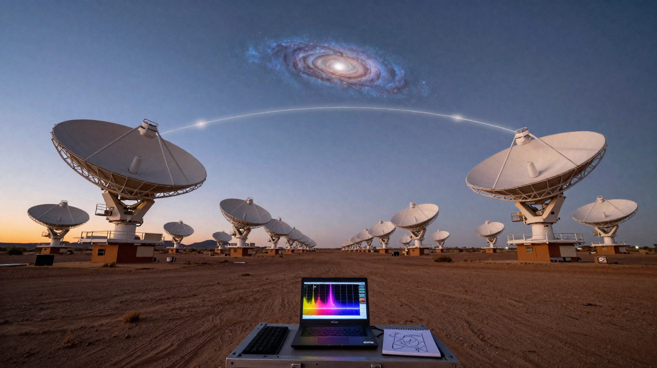 Antenas de rádio alinhadas no deserto, comunicando com uma galáxia distante, com laptop e caderno em primeiro plano.