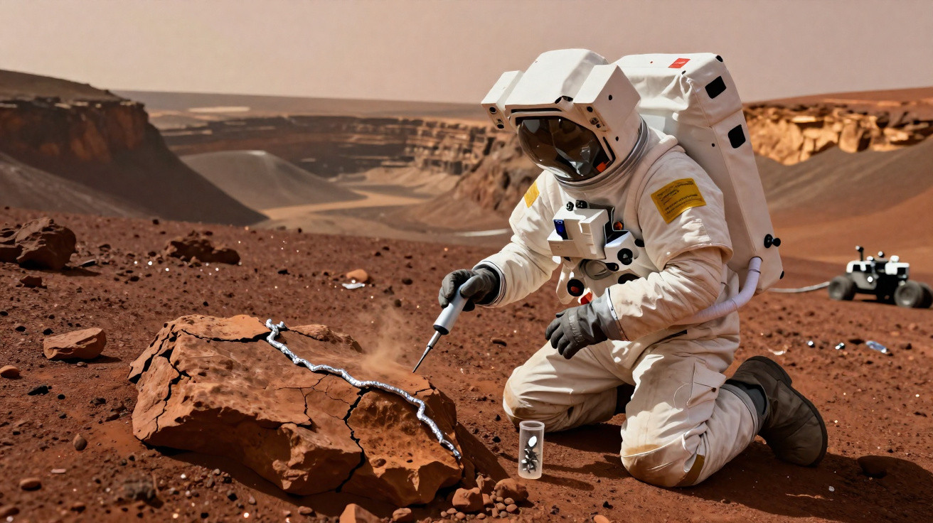 Astronauta a recolher amostras numa paisagem marciana árida com formações rochosas ao fundo.