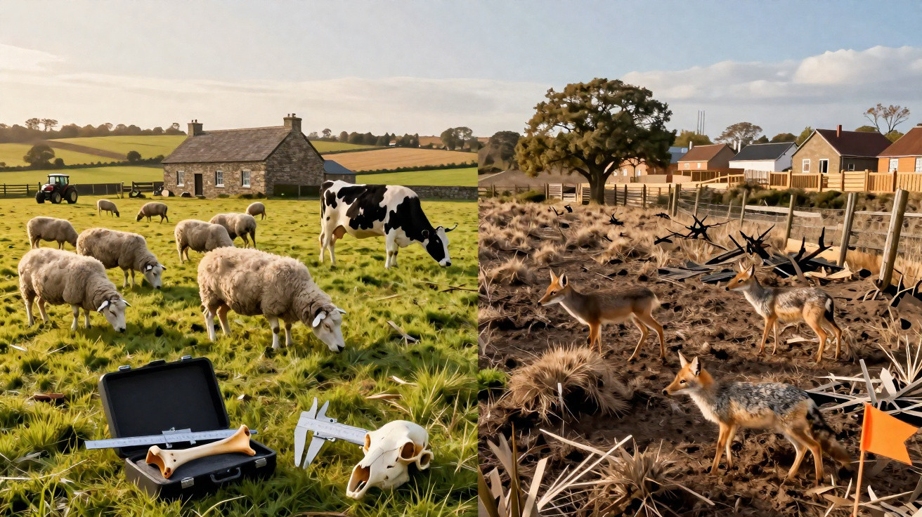 Campo dividido entre área verde com ovelhas e vacas e área seca com ossos, dois veados e bandeiras amarelas.