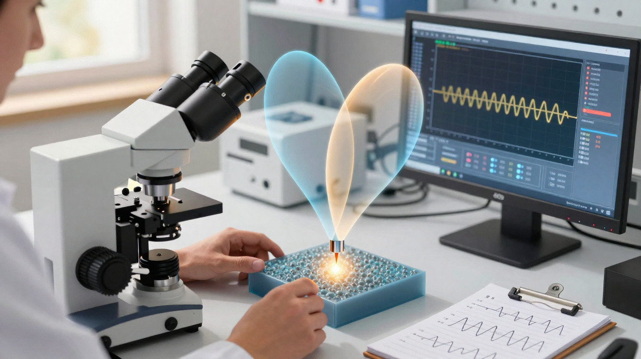 Cientista analisa amostras com microscópio e gráficos num laboratório com equipamento tecnológico avançado.
