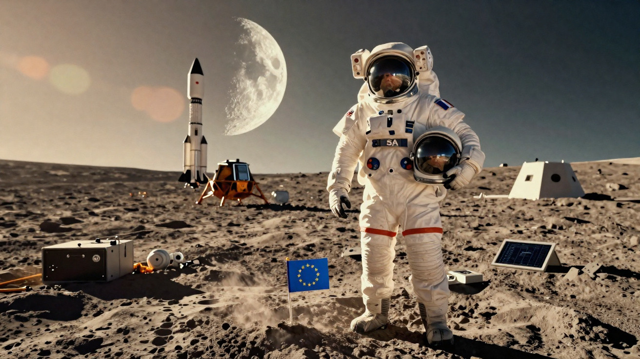 Astronauta com fato espacial na superfície lunar com bandeira da União Europeia, módulo lunar e foguete ao fundo.