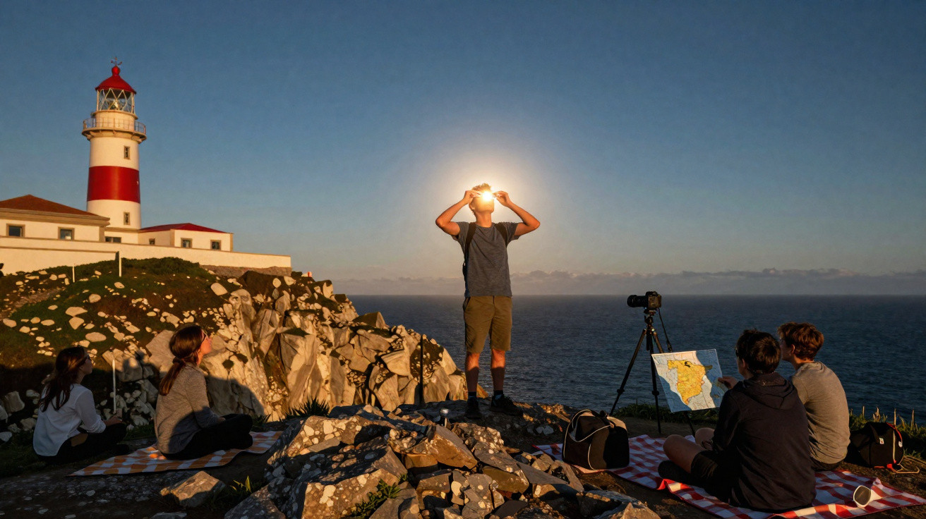 Grupo de pessoas em rochedo junto ao mar com farol ao fundo ao pôr do sol, uma fotografa a luz solar.