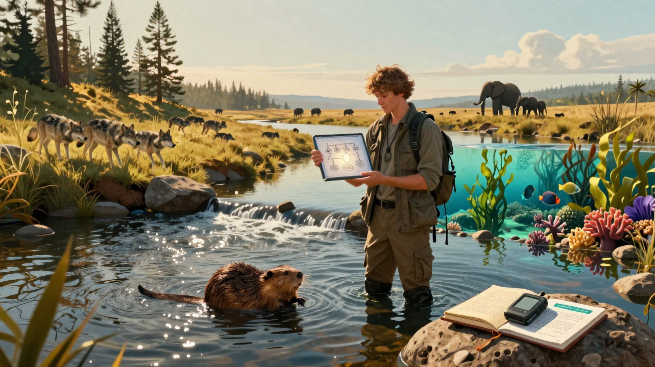Jovem explorador observa castor num rio, com lobos, elefantes, peixes e vegetação ao redor, em paisagem natural.
