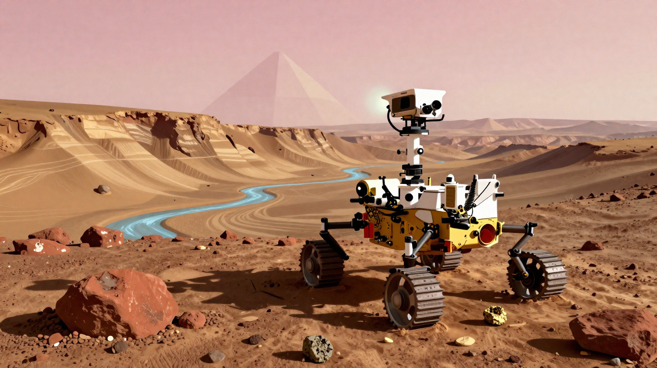 Rover explorador num terreno rochoso e árido com cânion e rio azul ao fundo sob céu rosado.