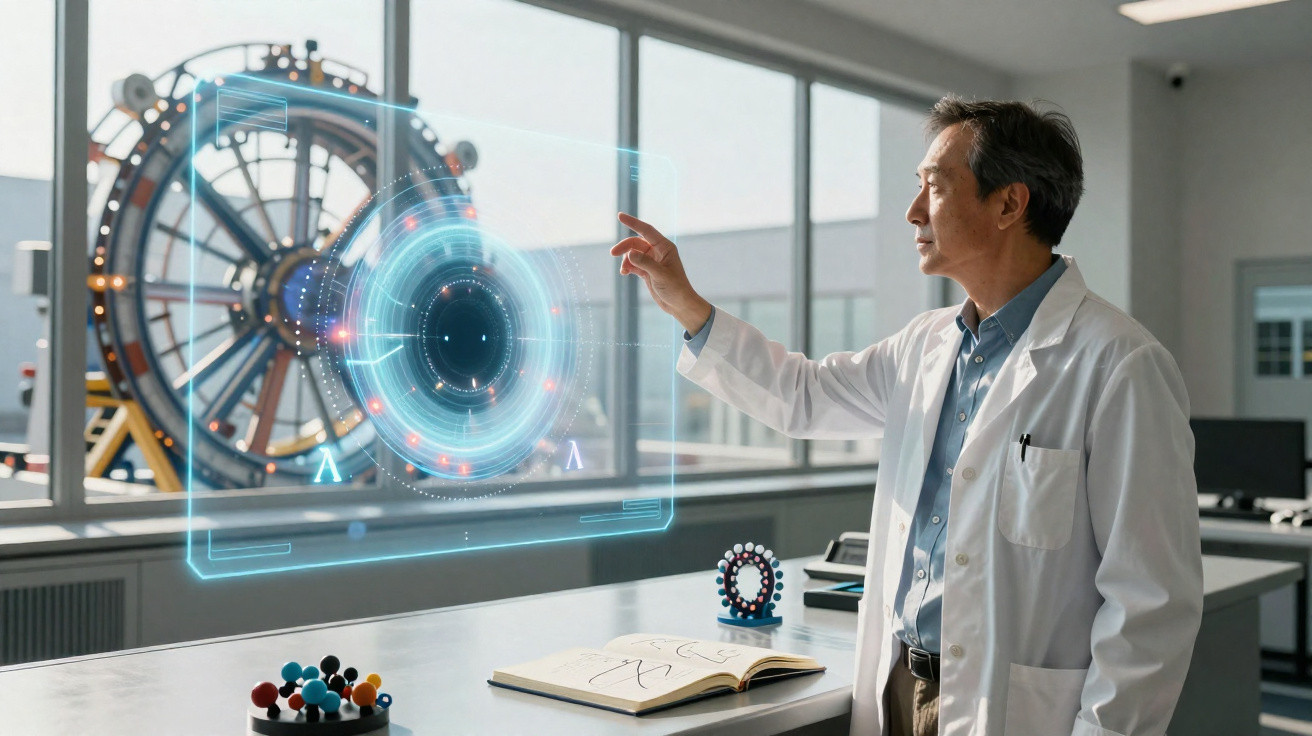 Cientista em laboratório interage com holograma tecnológico azul diante de janela ampla.
