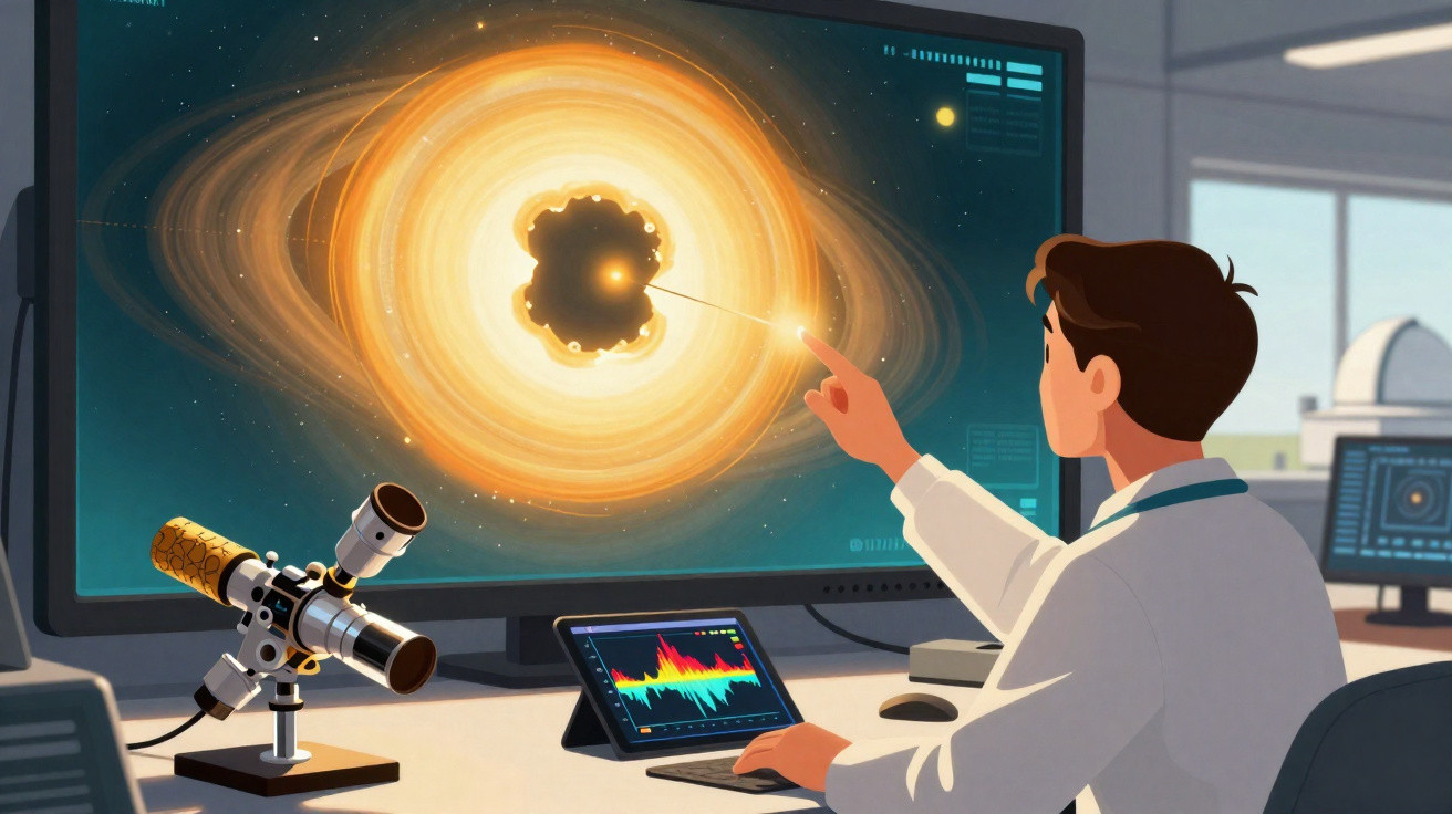 Cientista observa imagem de buraco negro numa grande tela, com gráfico num tablet e telescópio na bancada.