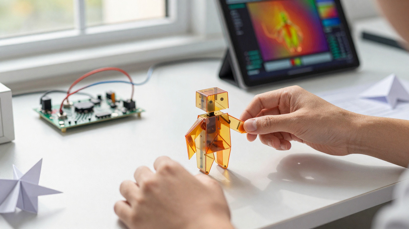 Mãos manipulam um robô transparente em forma de humanoide sobre uma mesa branca com componentes eletrónicos.