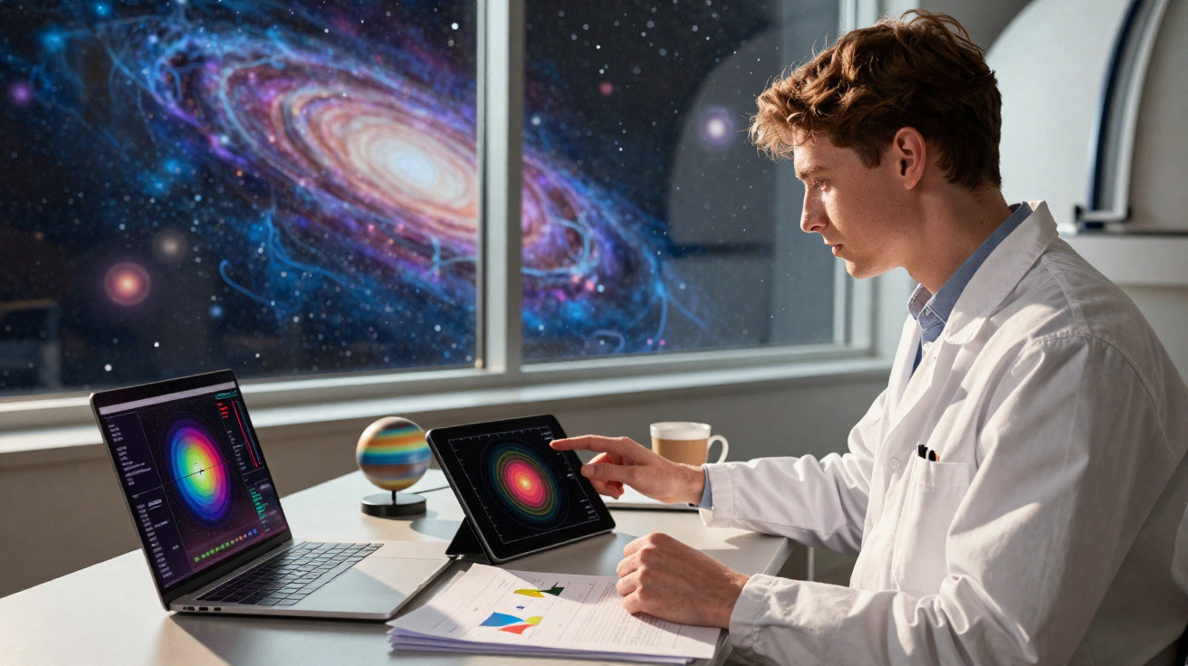 Homem com bata branca analisa gráficos em tablet, com laptop e mini planetas numa mesa, frente a janela de galáxia.