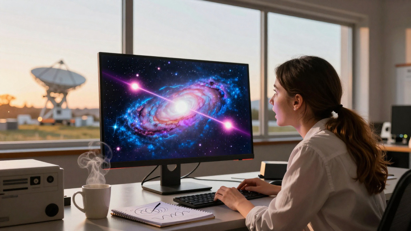 Mulher a olhar para um ecrã com imagem de galáxia colorida numa sala com antena parabólica ao fundo.