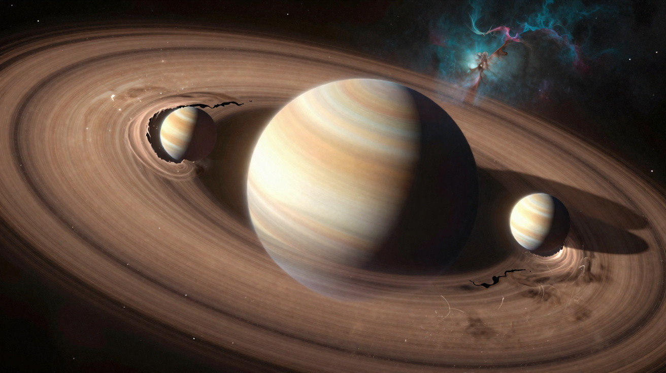 Planeta gasoso com anéis extensos e duas luas visíveis no espaço cósmico escuro.