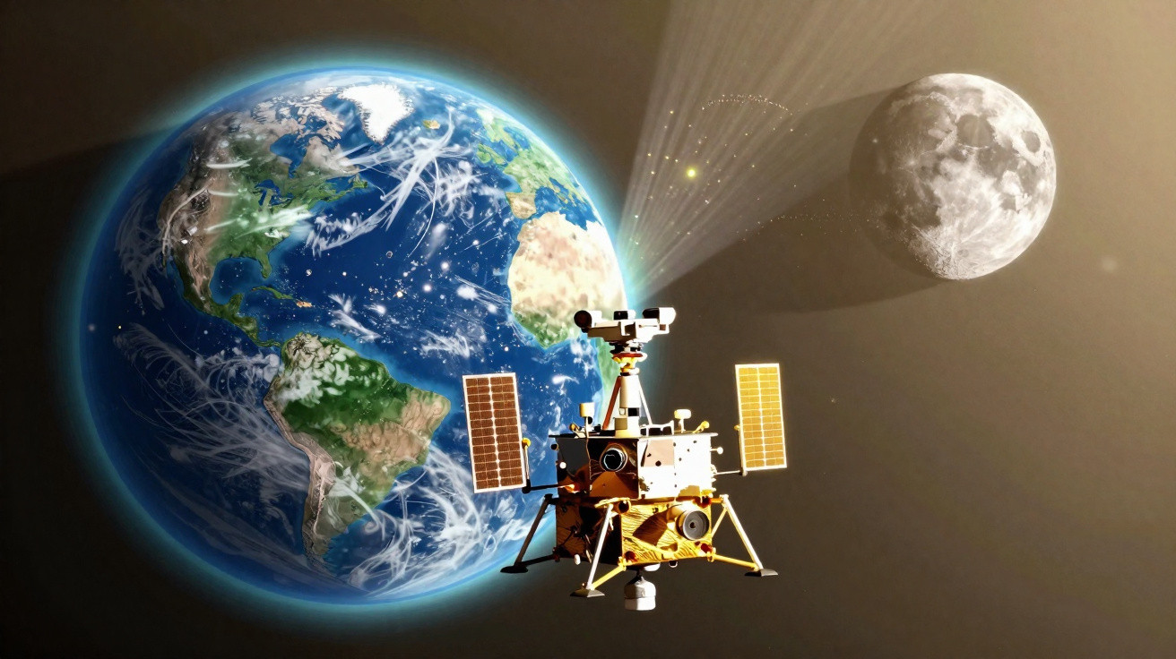 Ilustração de sonda espacial entre a Terra e a Lua com painéis solares e sistemas de observação.