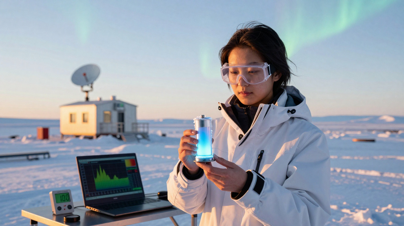 Mulher de óculos de proteção segura dispositivo luminoso em ambiente nevado, com laptop e aurora boreal ao fundo.