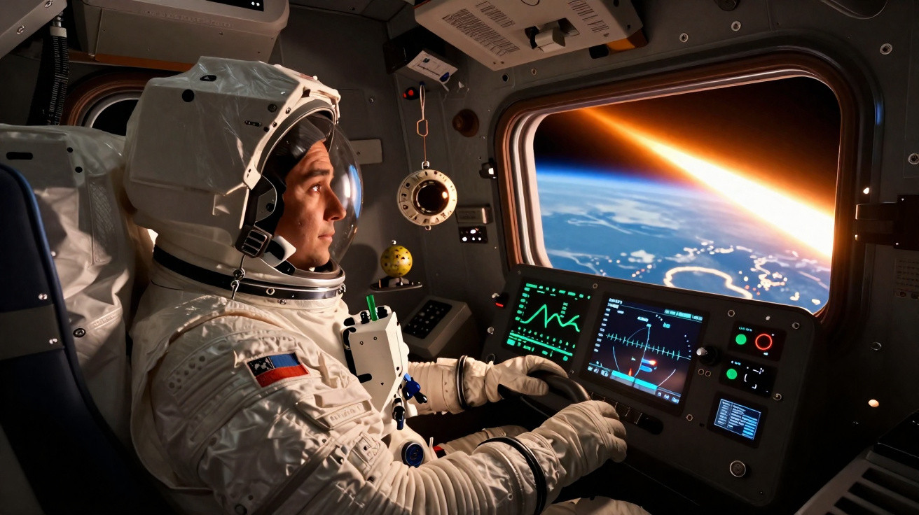 Astronauta dentro de cápsula espacial observando meteorito a entrar na atmosfera da Terra pela janela.