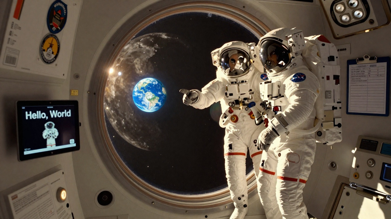 Dois astronautas na Estação Espacial com vista da Terra e da Lua através da janela circular.