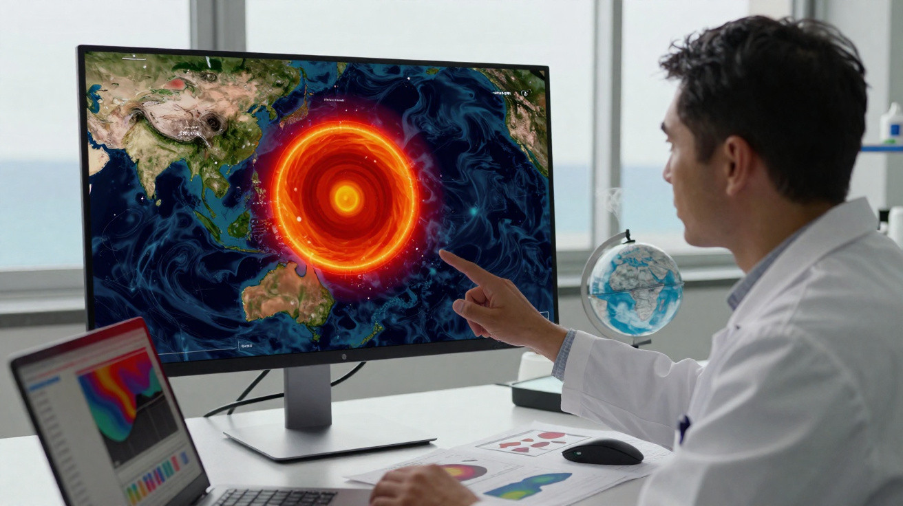 Homem em laboratório a analisar no monitor computador mapa com tempestade tropical intensa no Pacífico.