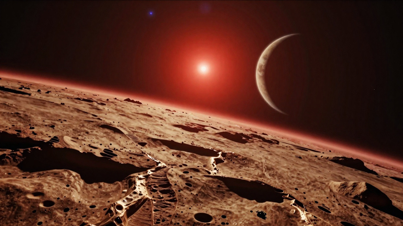 Superfície rochosa e craterada de um planeta com um sol vermelho e uma lua ao fundo no espaço.