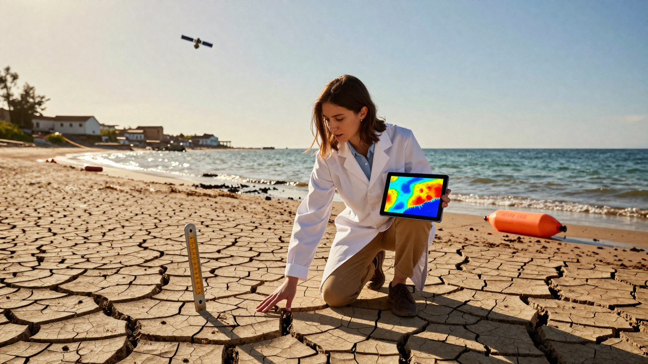 Mulher cientista analisa o solo seco e rachado na praia segurando tablet com mapa climático.