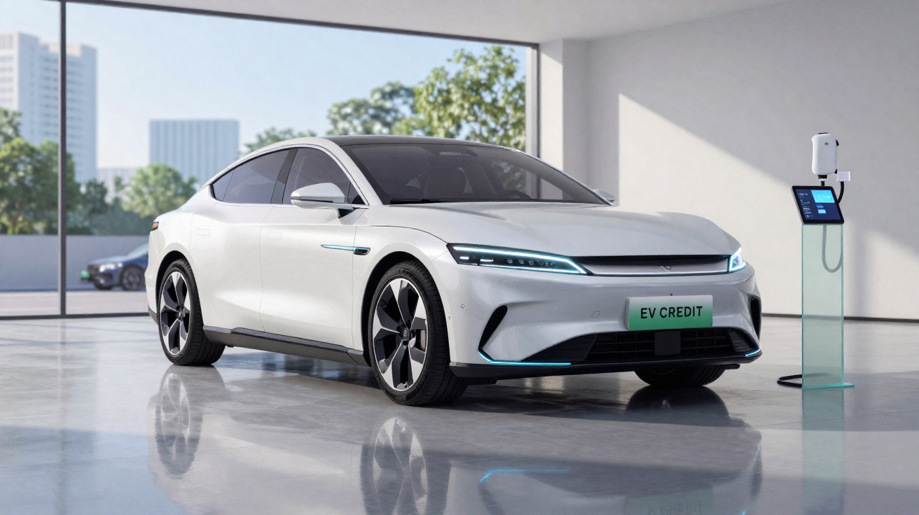Carro elétrico branco estacionado numa garagem moderna junto a posto de carregamento.