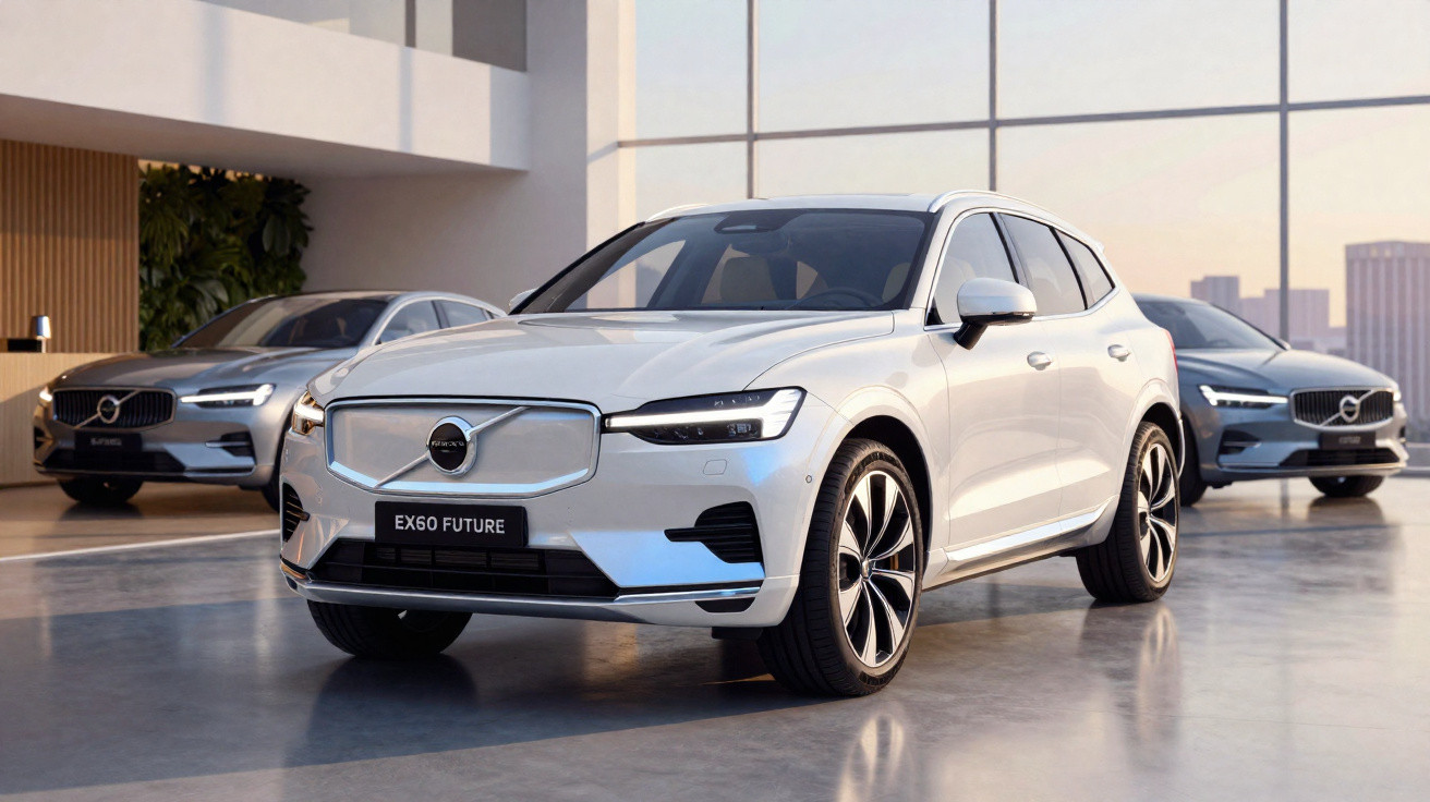 Dois carros Volvo modernos estacionados em salão de exposições com piso cinza e fundo claro.