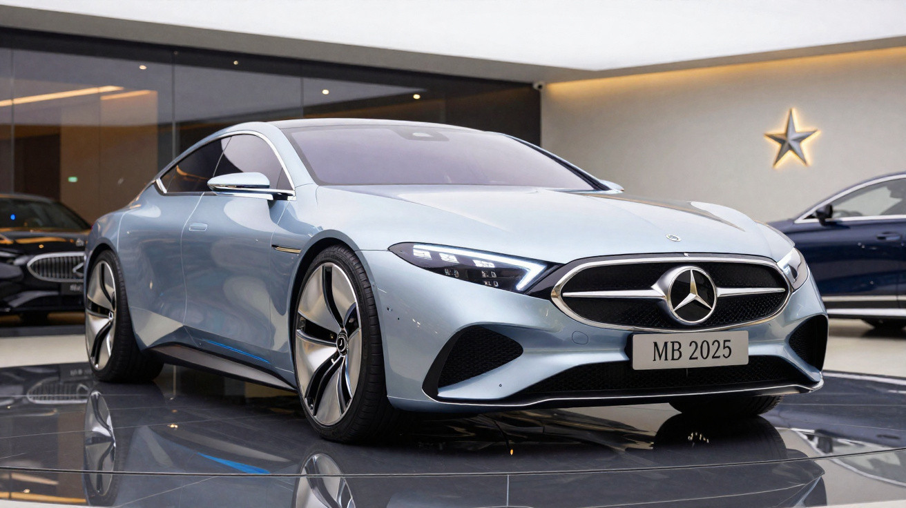 Carro elétrico Mercedes-Benz prata num salão de exposições moderno com iluminação suave.
