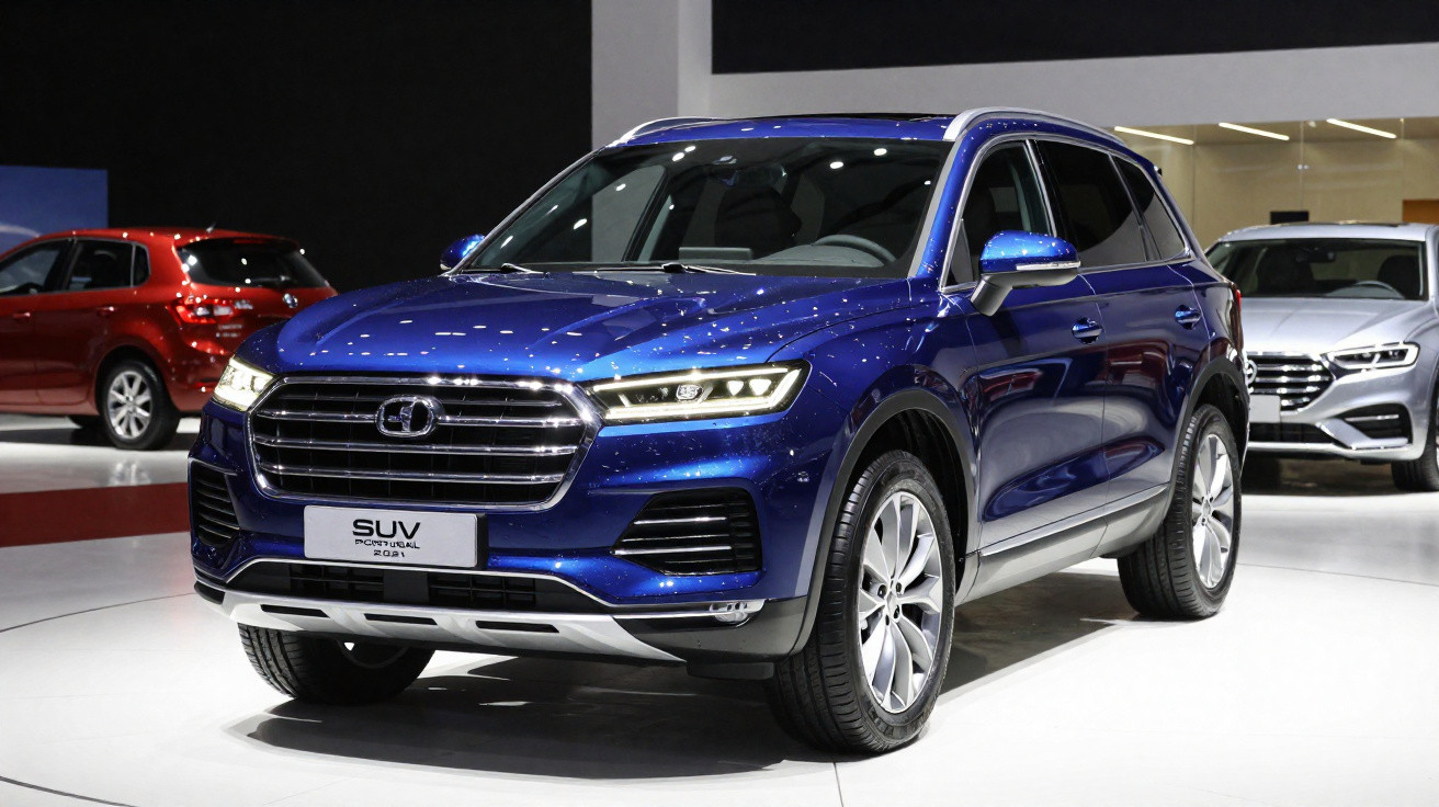 Carro SUV azul metálico da Audi exposto num salão automóvel com outros carros ao fundo.