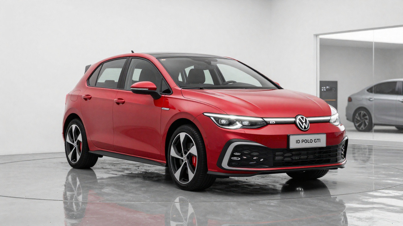 Carro Volkswagen ID Polo GTI vermelho estacionado em piso de cimento brilhante, em ambiente interno moderno.