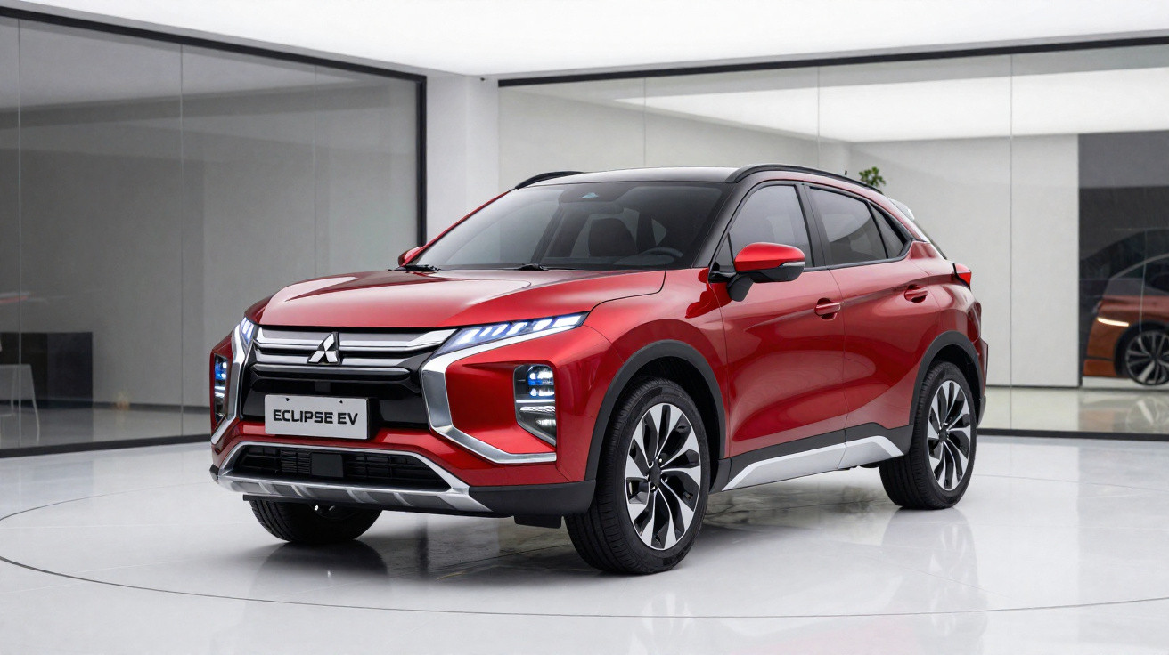 SUV elétrico vermelho Mitsubishi Eclipse EV exposto em ambiente interior moderno.