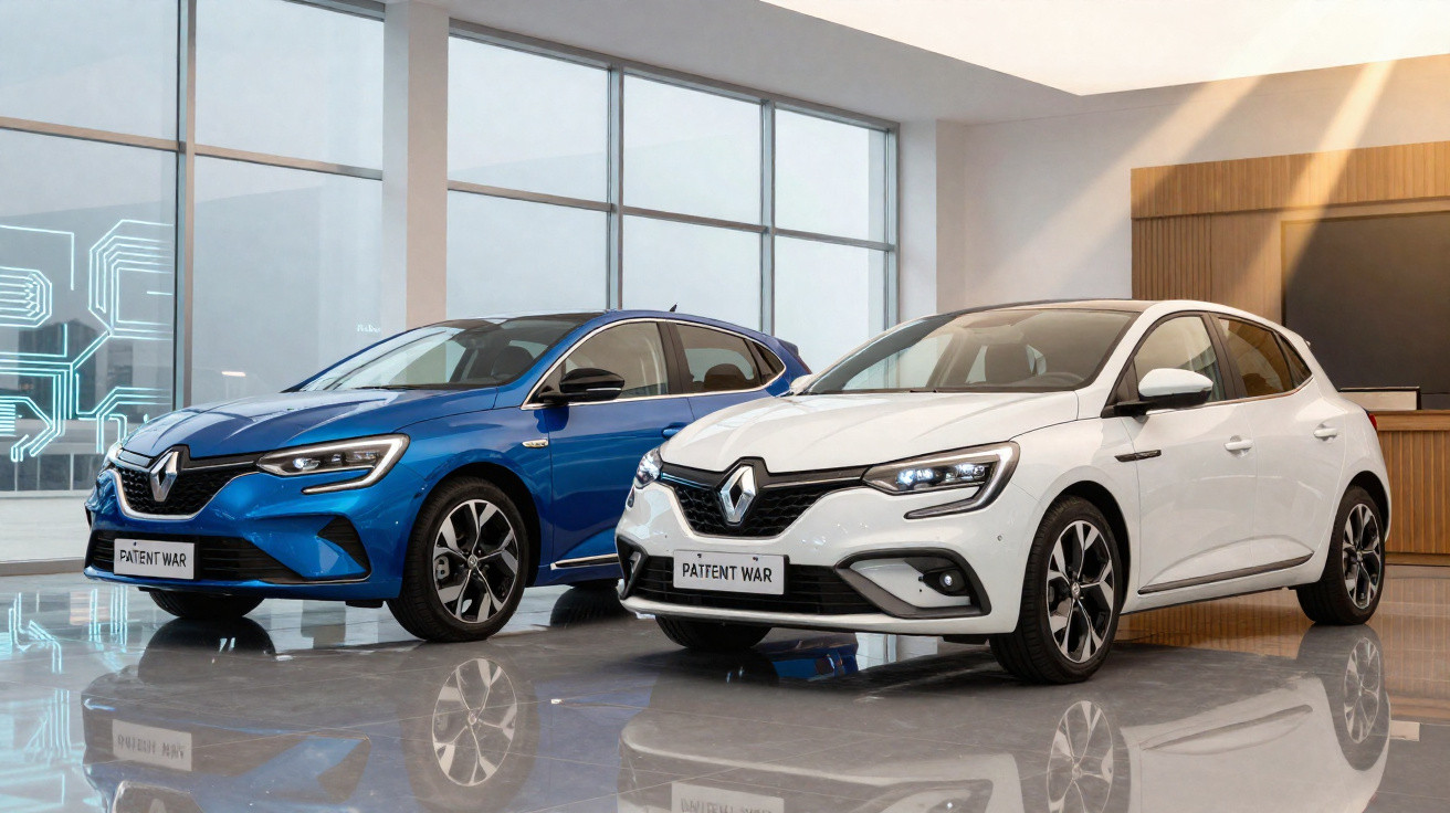 Dois carros Renault, um azul e outro branco, estacionados lado a lado em espaço moderno e iluminado.