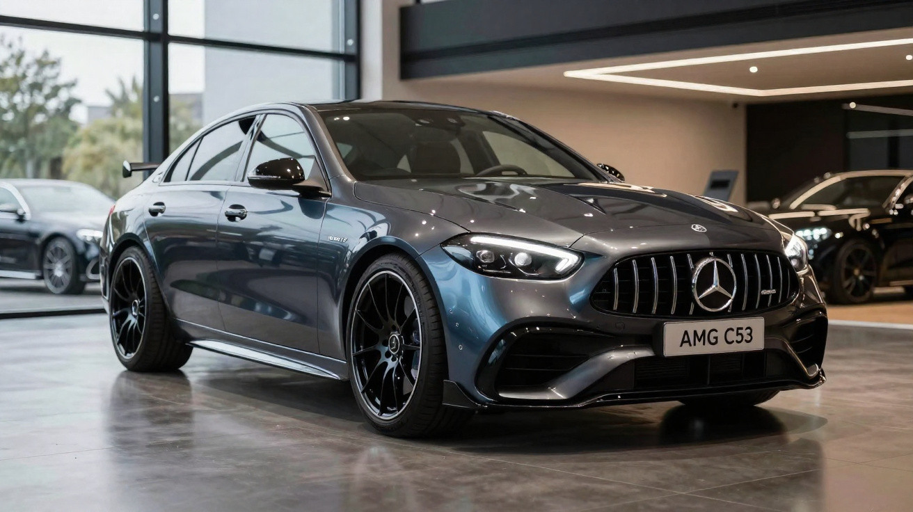 Carro Mercedes AMG C53 cinza escuro estacionado em show-room moderno e bem iluminado.