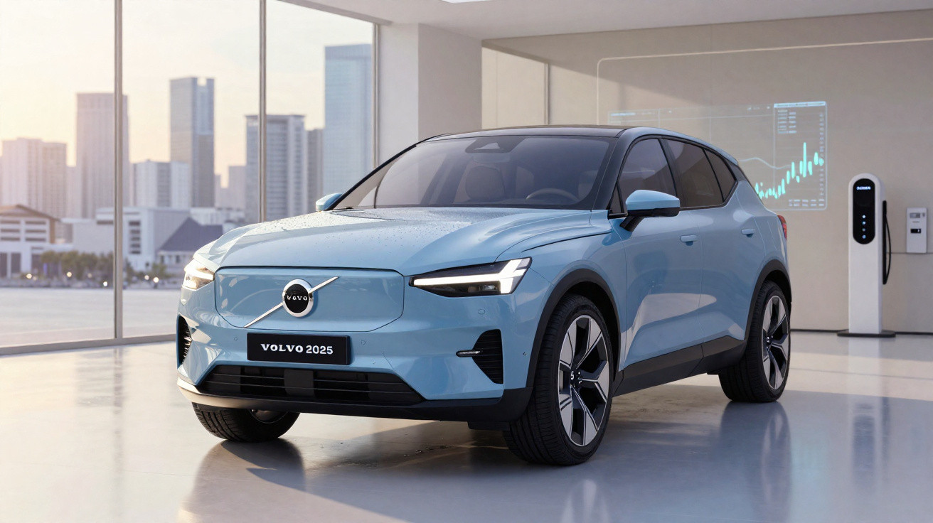 Carro elétrico Volvo azul 2023 numa sala moderna com janelas grandes e gráfico digital na parede.