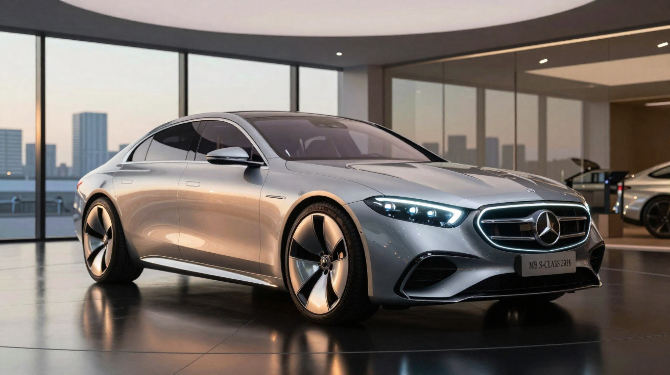 Carro sedan Mercedes-Benz prata estacionado em interior moderno com grandes janelas e vista urbana ao pôr do sol.