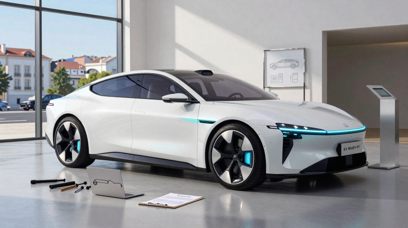 Carro elétrico branco num showroom moderno com laptop, ferramentas e documentos no chão.