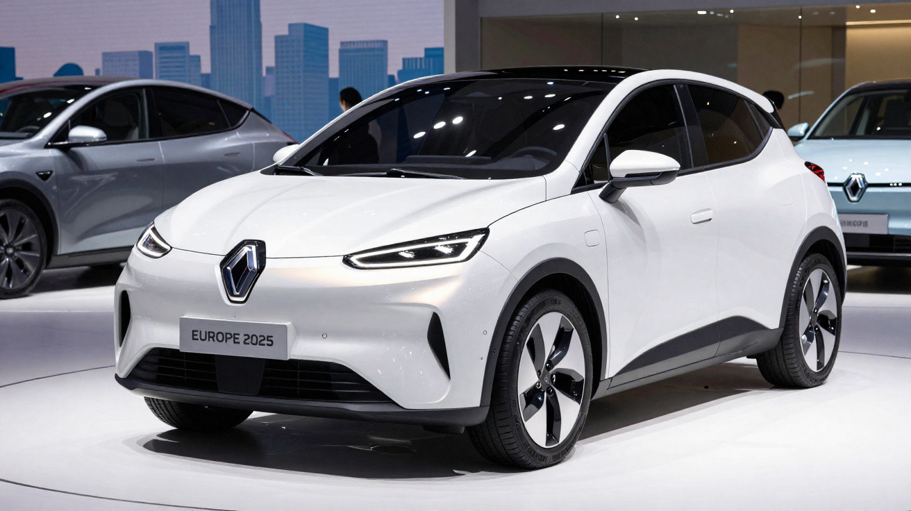 Automóvel elétrico branco Renault Europe 2025 exibido em salão automóvel moderno.