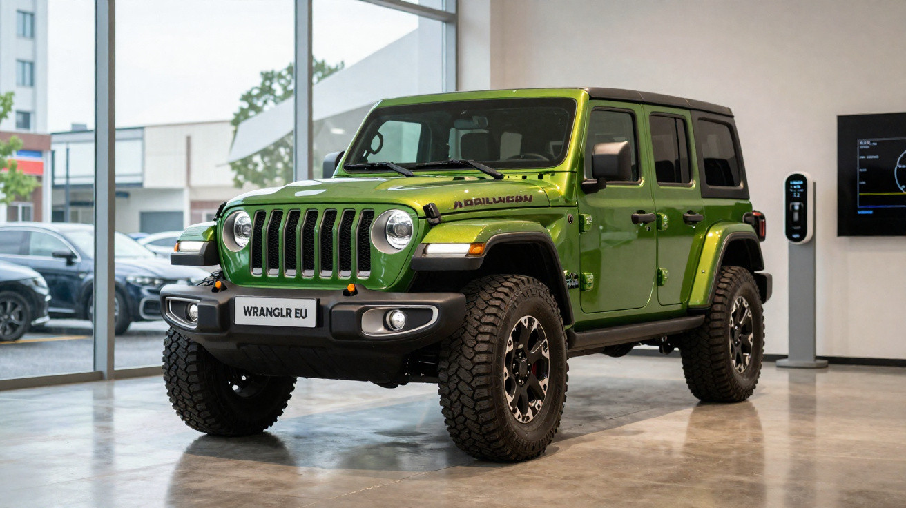 Veículo Jeep Wrangler Rubicon verde exposto em showroom moderno com janelas amplas e carro ao fundo.