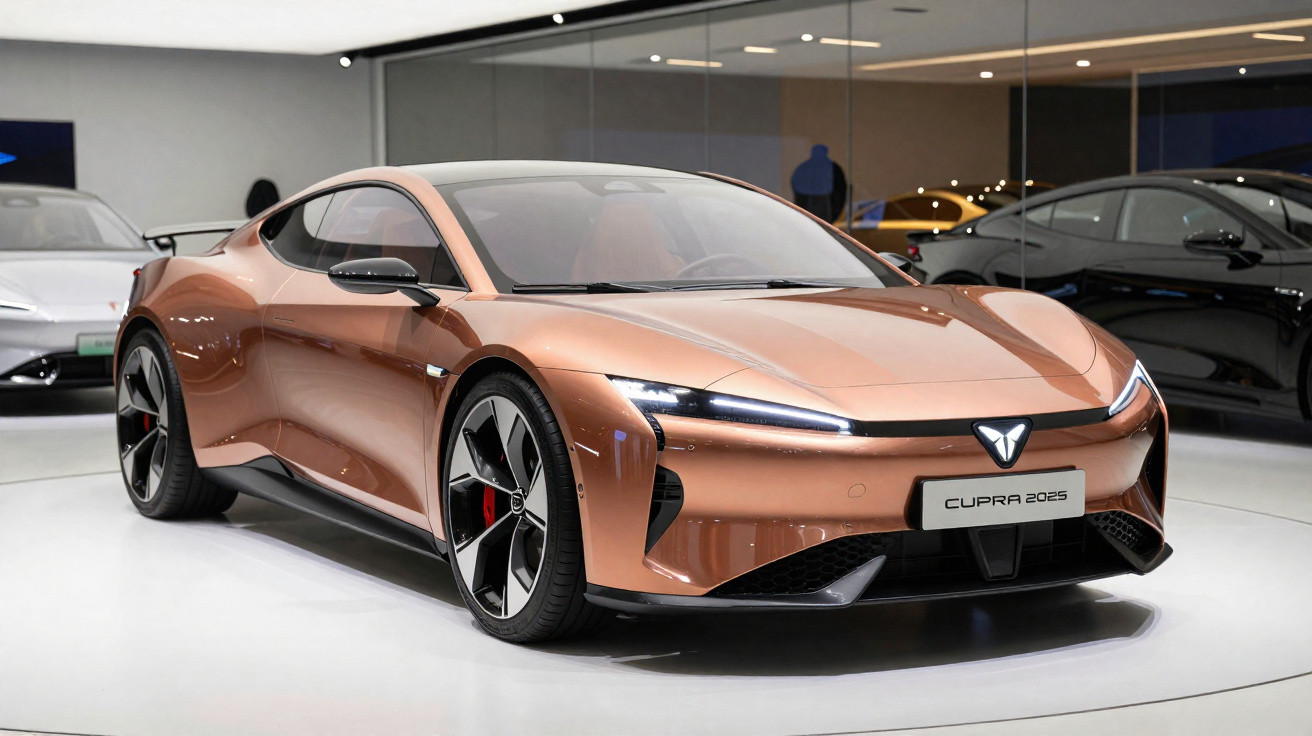 Carro desportivo CUPRA 2025 metálico bronze em exposição interior com design futurista e elegante.